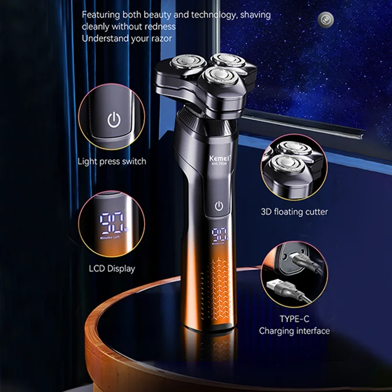 Kemei Men's Electric Shaver Wet Dry Beard Electric Shaver Rechargeable LCD Display