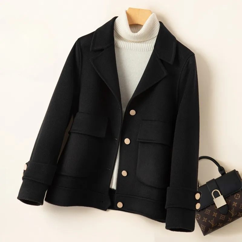 2023 Autumn Winter New Women Fashion Turn-Down Collar Double Sided Wool Coat Female Temperament Slim Fit Casual Cashmere Jacket