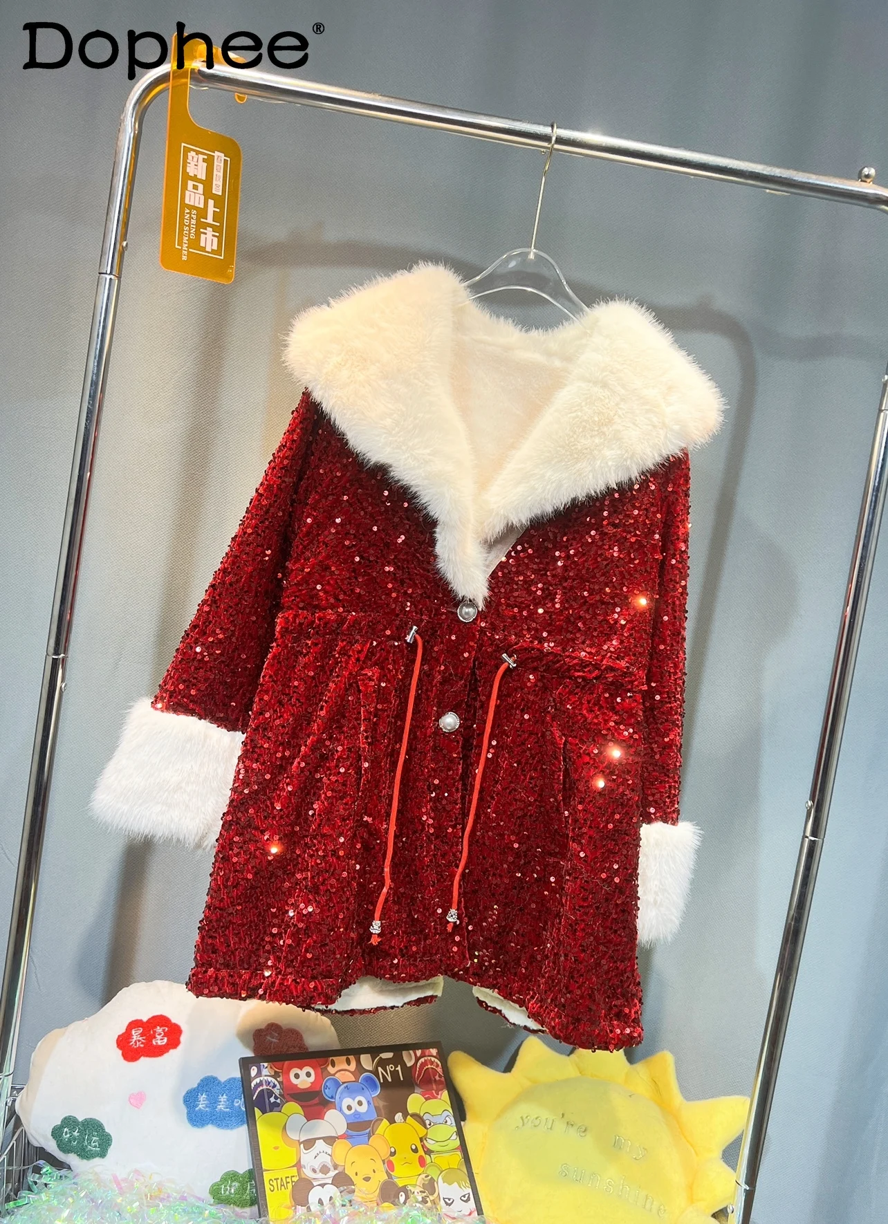 

Long Sleeve Stitching Faur Fur Coat Female 2023 Winter New Heavy Embroidery Sequins Mid-Length Warm Large Lapel Jacket Female