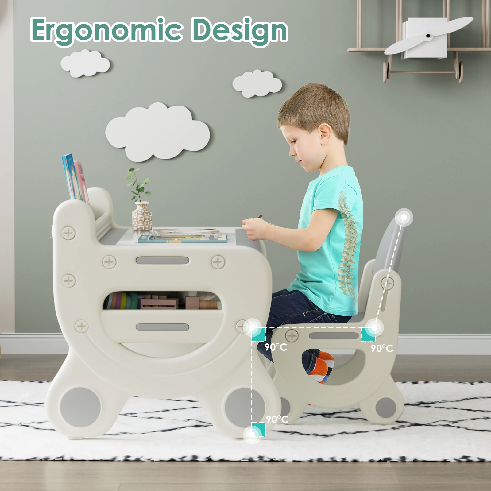 Kids Drawing Table and Chair Set with Pens & Blackboard Eraser Toddlers Art Activity Table Set, Gray & White 2