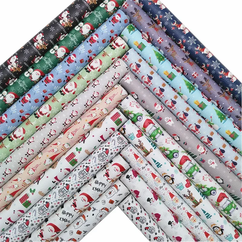Christmas Santa Clauses Printed Litchi Synthetic Faux Leather Vinly Fabric Sheet with Felt Backing Craft Earrings DIY Bows HQ049