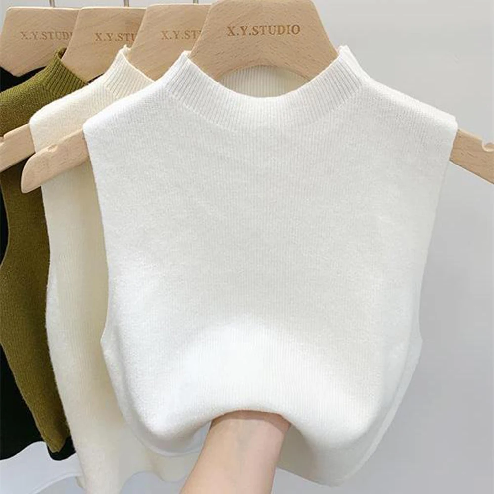 

Sexy Knitted Small Camisole For Women Summer Slim Sweater Short Sleeveless Vest Short Sleeveless Top Half High Collar Undershirt