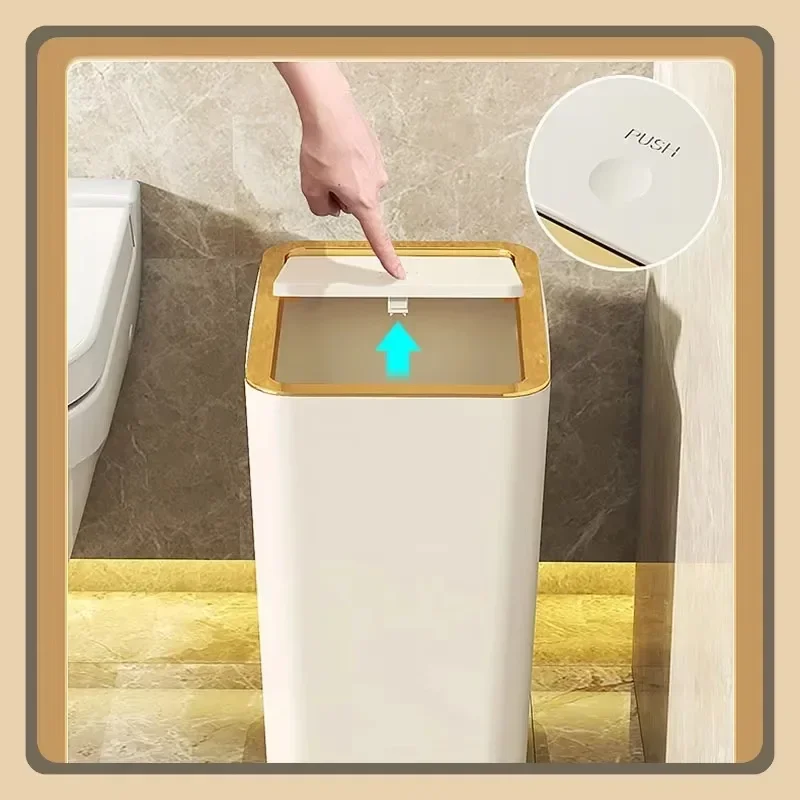 10/12L Slim Trash Can with Lid Nordic Style Waterproof Dustbin Large Capacity One-Touch Design for Bathroom Kitchen Living Room