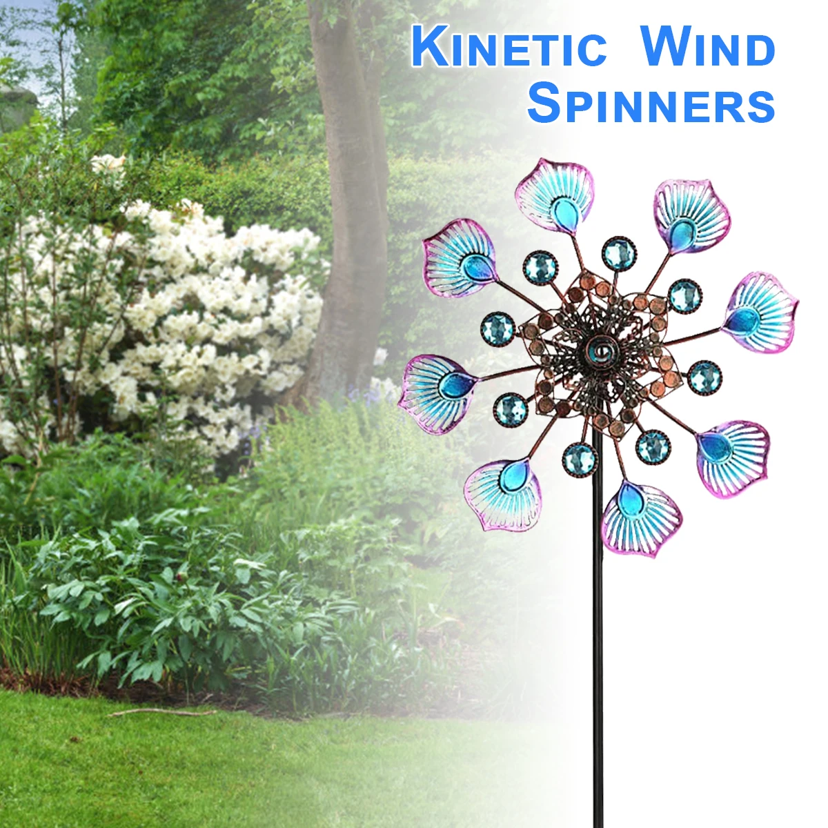 Outdoor Metal Wind Spinners Weather Resistant Wind Spinners with Stable Stake 90cm Peacock Tail Wind Spinners Metal Wind Mill