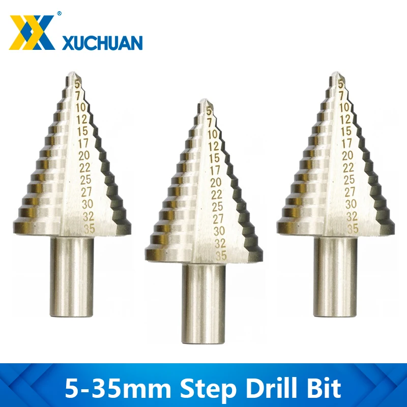 Metal Drill 1pc 5-35mm Step Cone Drill TiN Coated Straight Groove Hole Cutter HSS Round Shank Step Drill Bit