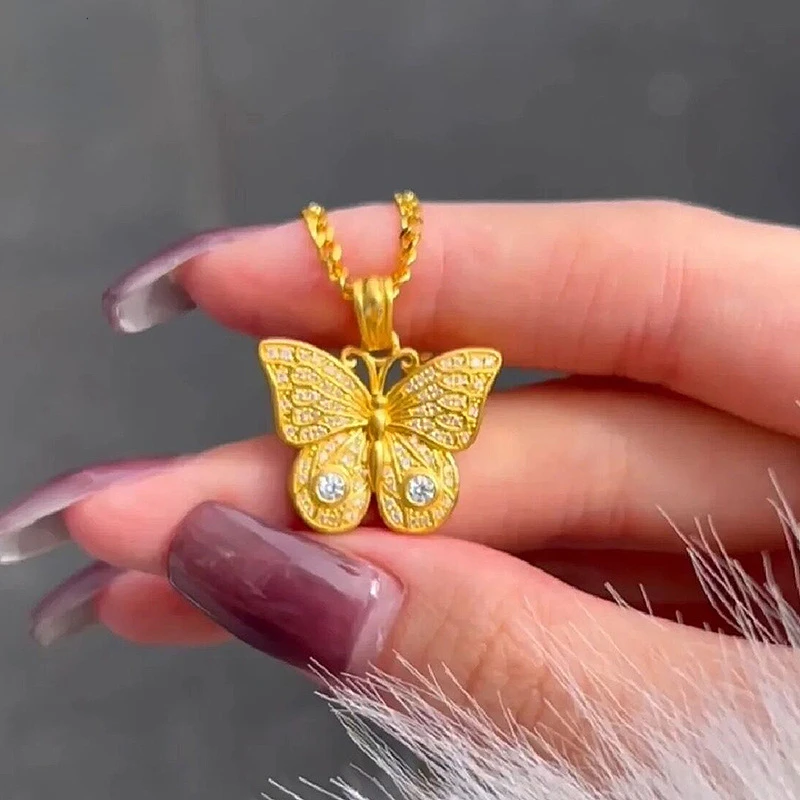 

Fashion Pure 24k Gold Color Butterfly Studded with Diamonds Pendant for Women Girl Necklace Wedding Bridal Jewelry Gifts