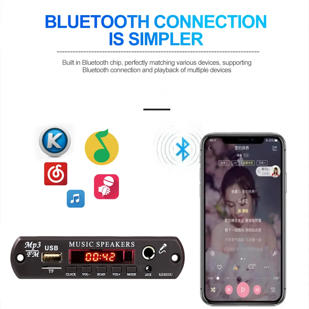 Bluetooth Audio Adapter Fm Transmitter Car Mp3 Player Bluetooth Music Player Bluetooth 5.3 decoding board MP3 12-15V Decoder Board Clock Time Display Microphone Car FM Radio USB TF Music Player Speaker