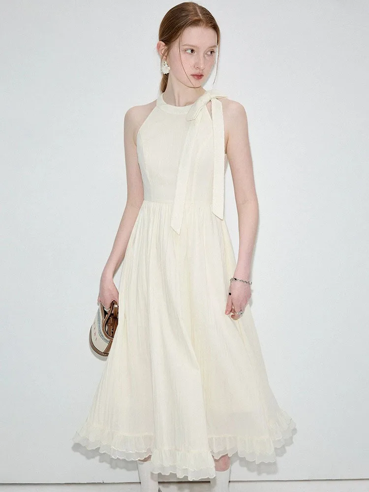 

French Elegant Midi Dress Women 2024 Summer New Casual Party Dress Beach Sleeveless Lace-up Dress