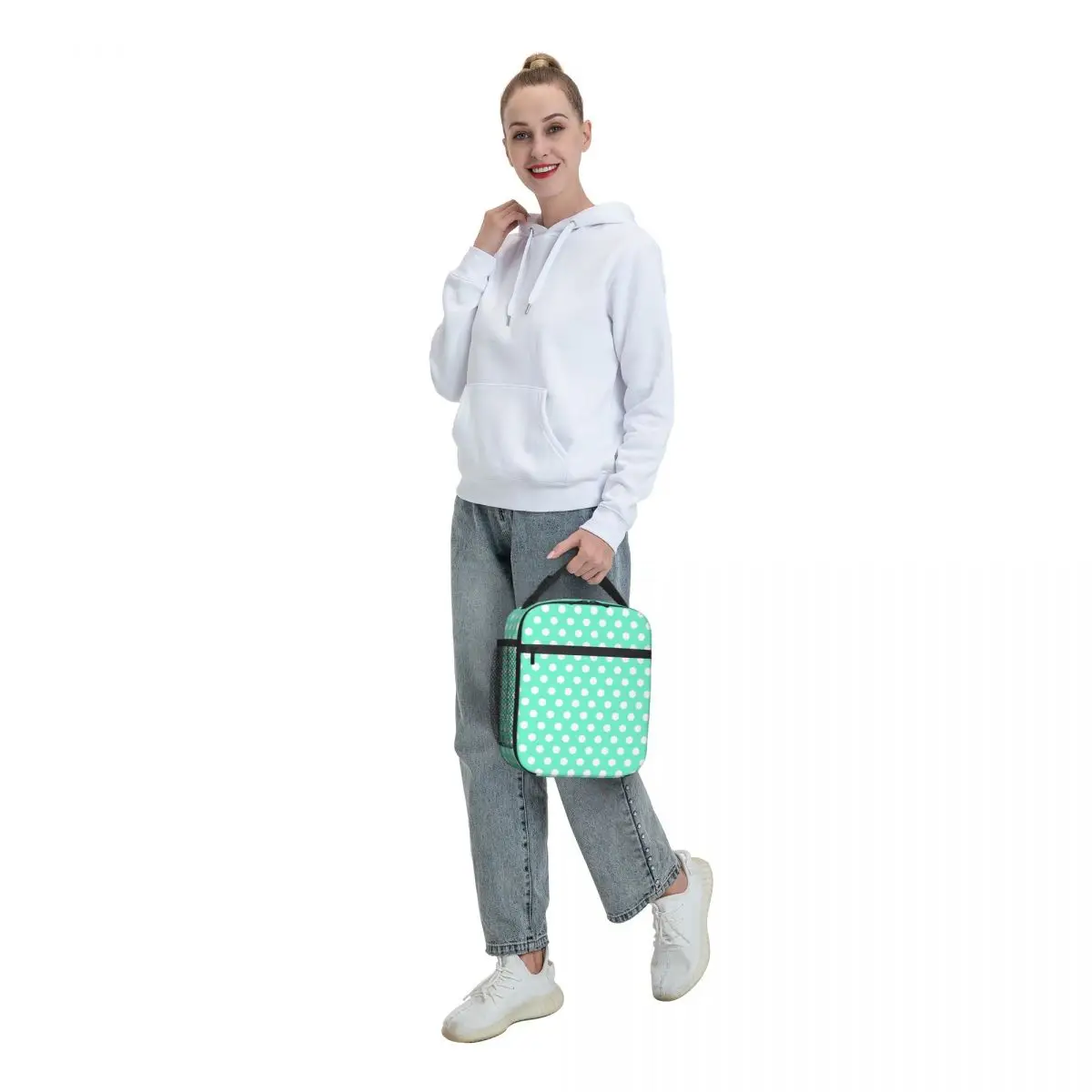 White Polka Dots On Mint Portable Lunch Box for Women Leakproof Thermal Cooler Food Insulated Lunch Bag Kids School Children
