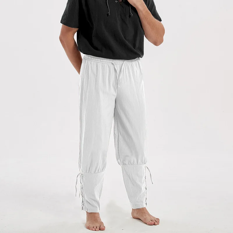 Adult Men Medieval Pirate Pants Cotton Linen Horseman Knight Costume Loose Leggings Black Navigator Leg Bandage Trouser 5