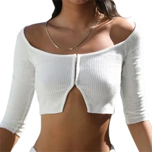 

Women Summer Long-sleeved Cardigan Fashion Solid Color Boat Neckline Buckle Exposed Navel T-shirt