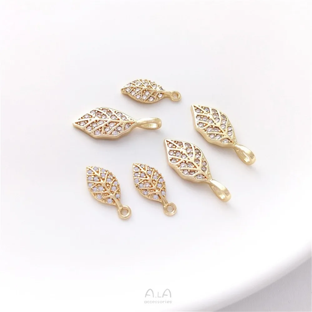 14K Gold-plated Micro-inlaid Zircon Small Leaf Charms Pendant Diy Bracelet Necklace Earrings Jewelry Accessories K512 14k gold micro inlaid zircon geometric rectangular heart shaped pentagonal star water droplet pendant diy jewelry charms pendant