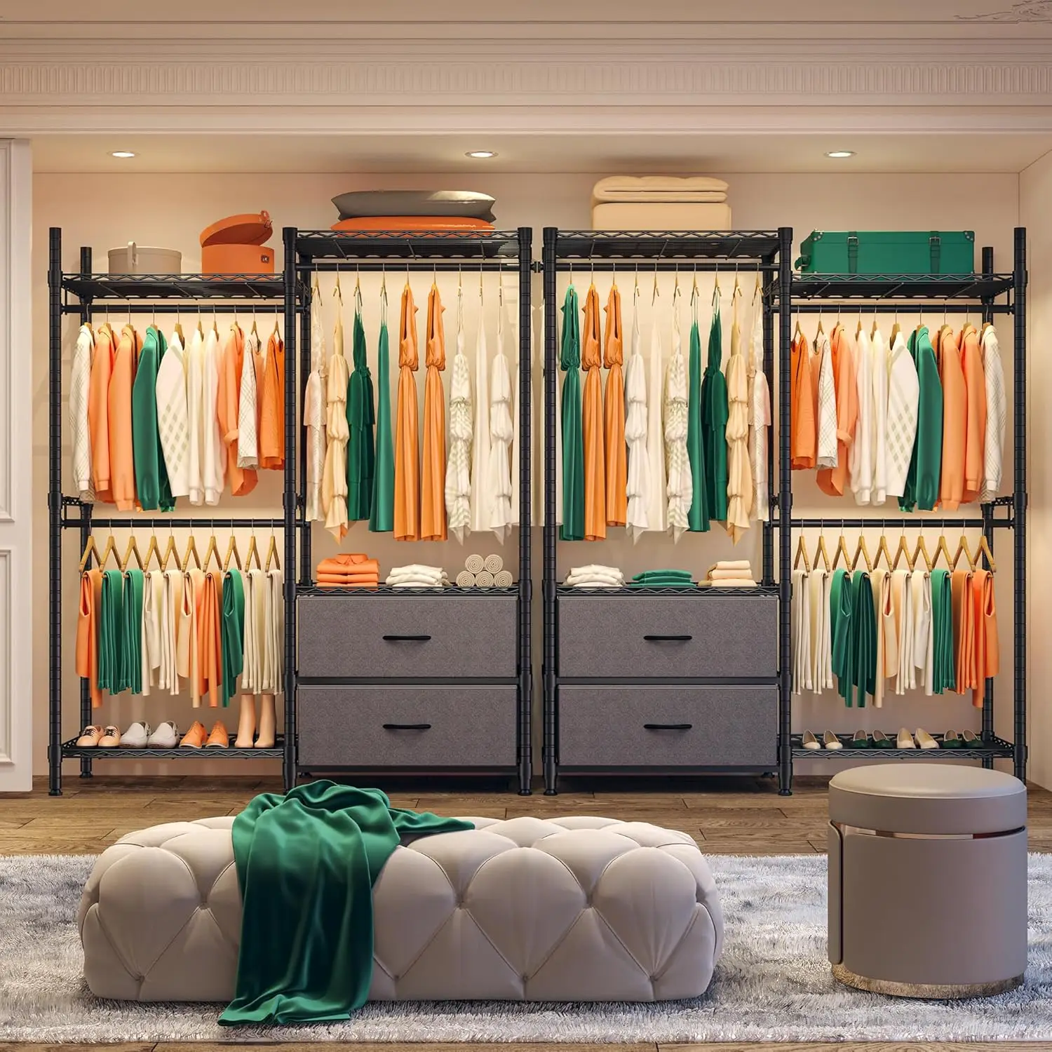 Adjustable Clothing Racks for Hanging Clothes, Portable Closet with 2 Drawers 3 Hanging Rods Load 650lbs, Black