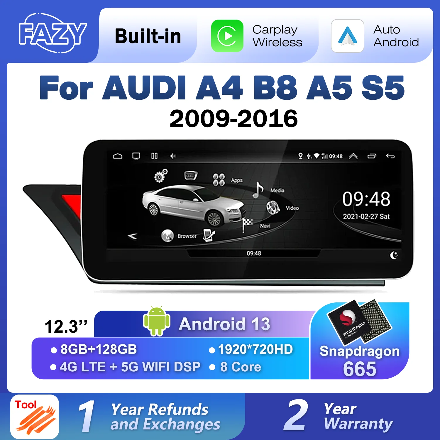 

Android 13 8+128 Qualcomm Auto Radio CarPlay For Audi A4 B8 A5 8K 2008~2016 MMI Car Multimedia Player GPS 4G WiFi DSP