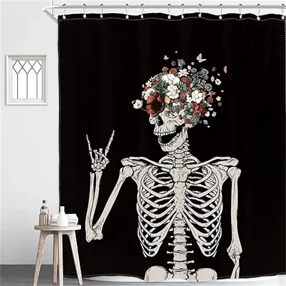 

Skull Skeleton Black Shower Curtain Halloween Sugar Rock Gothic Floral Bone Waterproof Polyester Fabric Bathroom Bathtub Decor