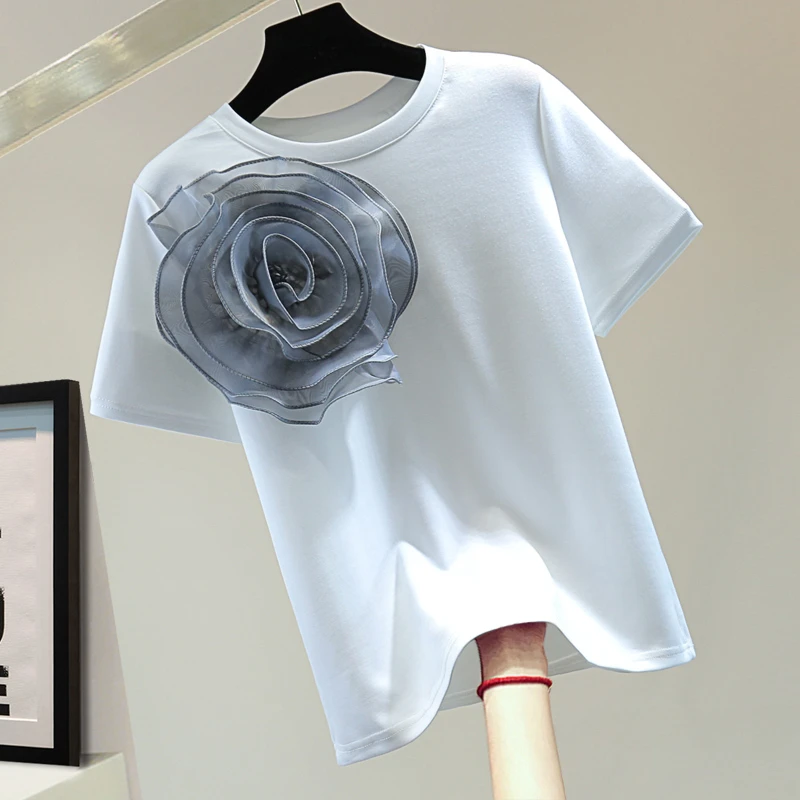 

Summer Big Flower T-Shirts Womens 2024 Korean Style Loose Slimming Elastic Straight Top Color Matching Short Sleeve Crew Neck T