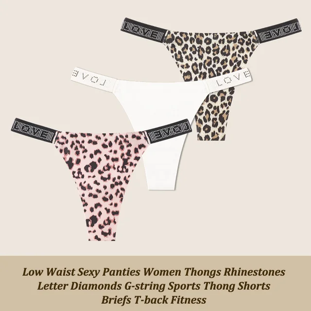 3Pcs/Set Low Waist Sexy Panties Women Thongs Rhinestones Letter Diamonds G-string Sports Thong Shorts Briefs T-back Size XS-XL 13