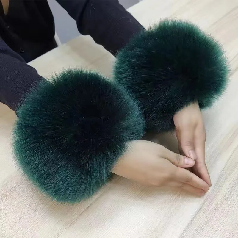 Women Knitted Faux Rabbit Fur Mittens Plush Glove Winter Warm Lady Fingerless Gloves Female Half Finger Touch Screen Work Gloves