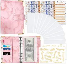 

A6 Leather Notebook Budget Binder, Marble Round Ring Binder Cover with 12 Cash Envelopes Wallet 12 Budget Sheets 2 Envelopes Lab