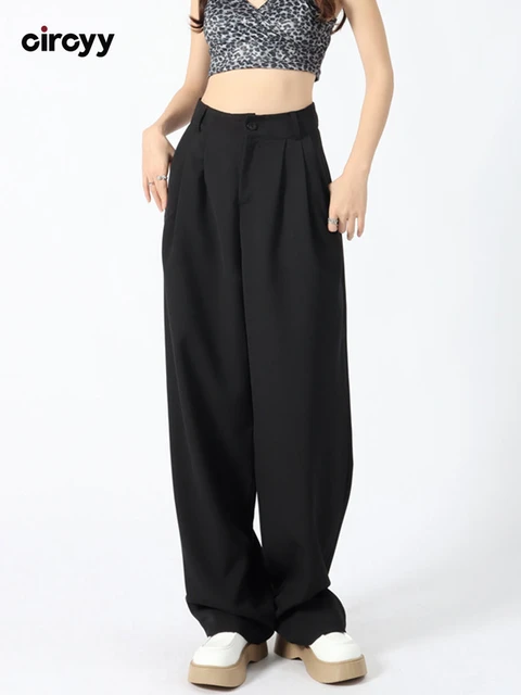 Women Pants Solid Black High Waisted Wide Leg Pants Casual Office