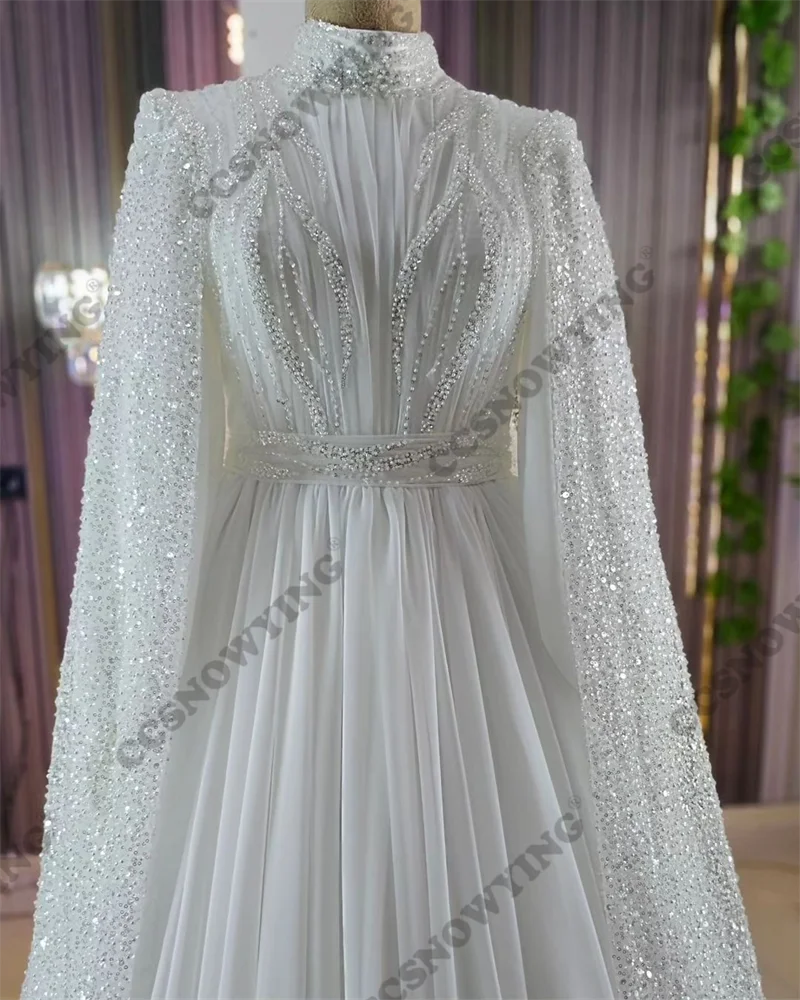 Chiffon Beaded Long Sleeve Muslim Wedding Dress for Bride Hijab Islamic Bridal Gowns High Neck Women Arabic Dubai Robe De Mariée 3