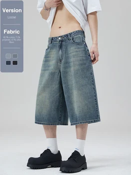 Streetwear Y2k Baggy Jeans Men's Vintage American Wide-leg Loose Calf-length Denim Pants Cotton Fashion Oversized Summer Shorts