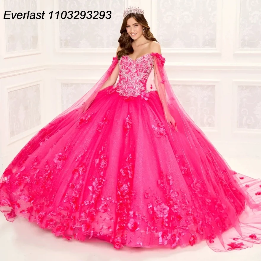 

EVLAST светильник розовое платье для Quinceanera, бальное платье, 3D цветочное оформление, с накидкой, корсет, милое 16 Vestido 15 лет TQD197