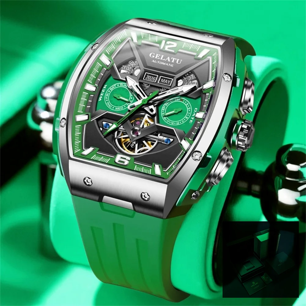 GELATU 6013 Fashion Original Watch for Men Multifunction Chronograph Waterproof Silicone Strap Automatic Mechanical Wristwatches 3