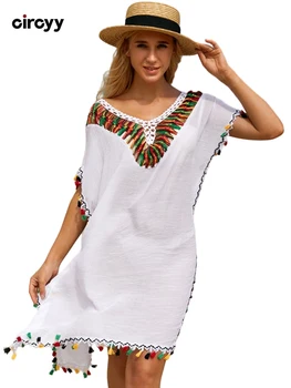 Circyy Bathing Suit Women Batwing Sleeve O Neck Cover Ups Contrast Color Loose Beach Dress Summer 2025 New Holiday Chic Swimsuit