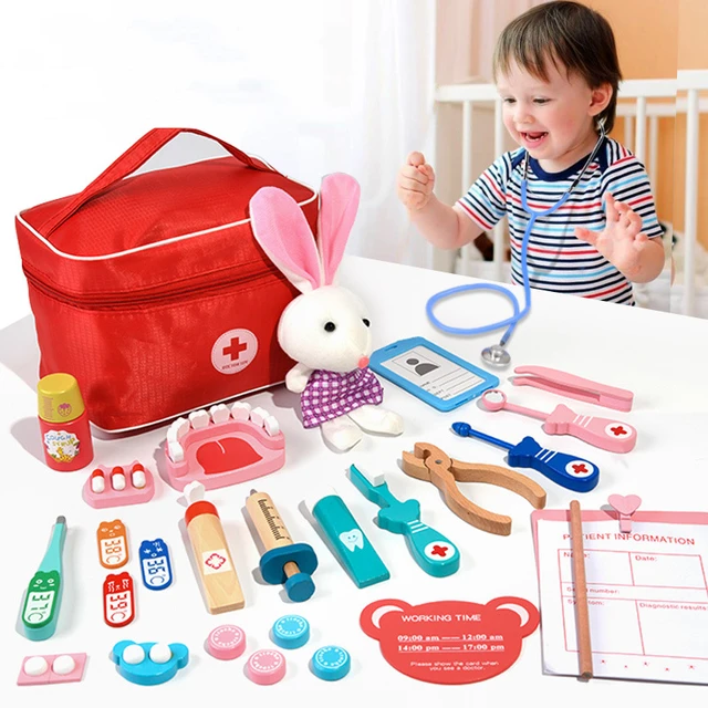 Doctor Toys for Children Set Kids Wooden Pretend Play Kit Games for Girls Boys Red Medical Dentist Medicine Box Cloth Bags Gifts 1
