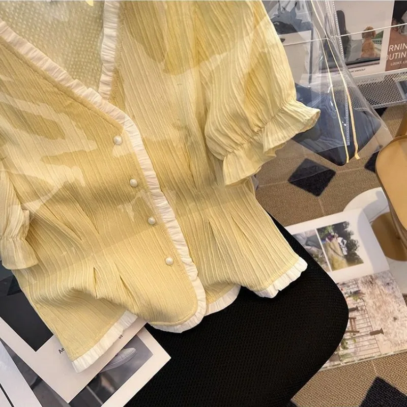 Summer New Korean Short Sleeve Blouses Women's Patchwork Ruched Contrast Color Ruffles Short V-neck Button Commute Chiffon Shirt