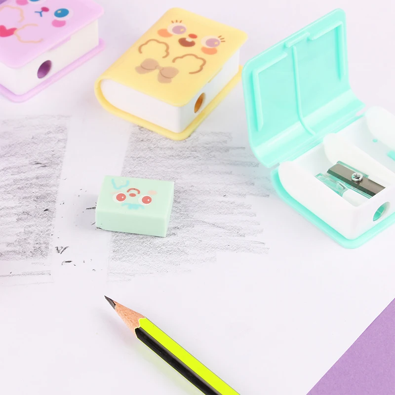 Kawaii Mini Portable Pencil Sharpener Mini Sketch Pencil Eraser Set Cute Cartoon Multifunctional Stationery Study Supplies