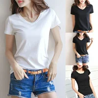 Womens Basic Tees Shirt Solid Plain Top Short Sleeve Roundneck V Neck Top 6