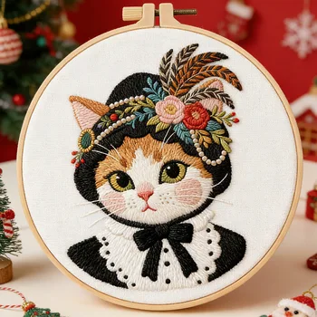 Kit Ricamo Gatto Fai da Te per Principianti - Kit Artigianale per Ricamo e Cucito - Regalo Unico
