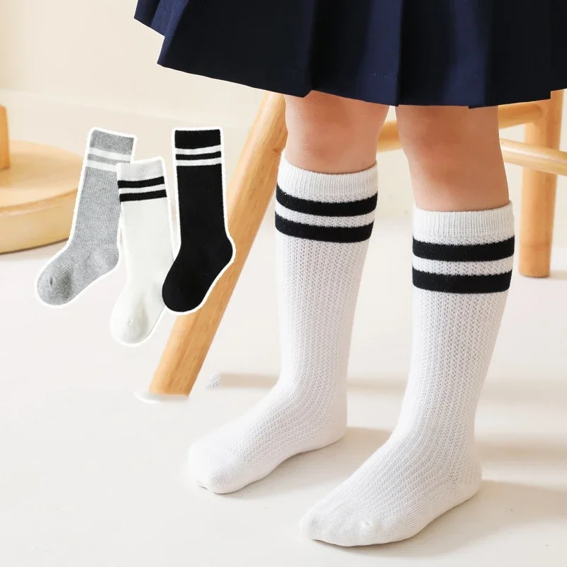 

Детские носки до колен для старшей школы, длинные носки в полоску для девочек и мальчиков, мягкие хлопковые сетчатые Дышащие Детские ажурные чулки