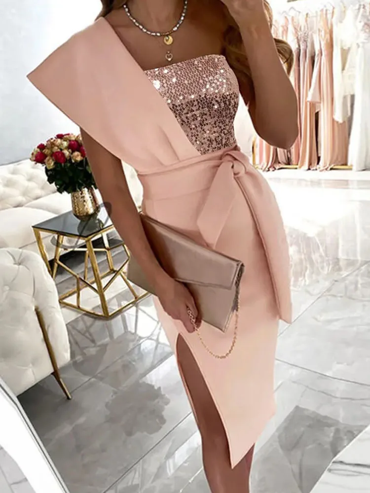 Women Elegant Sequin Patchwork Midi 