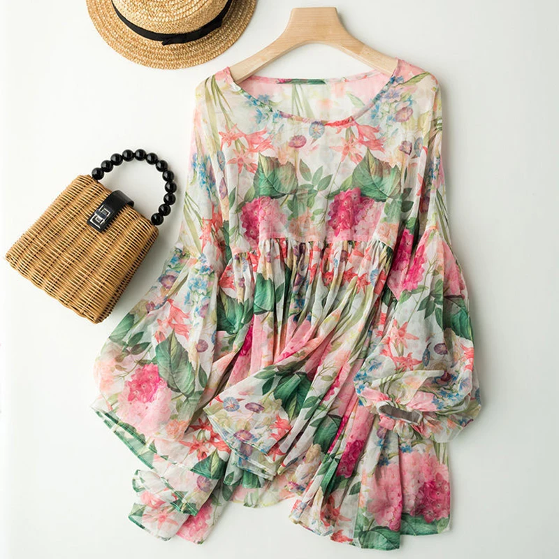 

Floral chiffon women's blouse shirt 2022 summer clothes large size Korean fashion retro thin loose casual lantern sleeve top