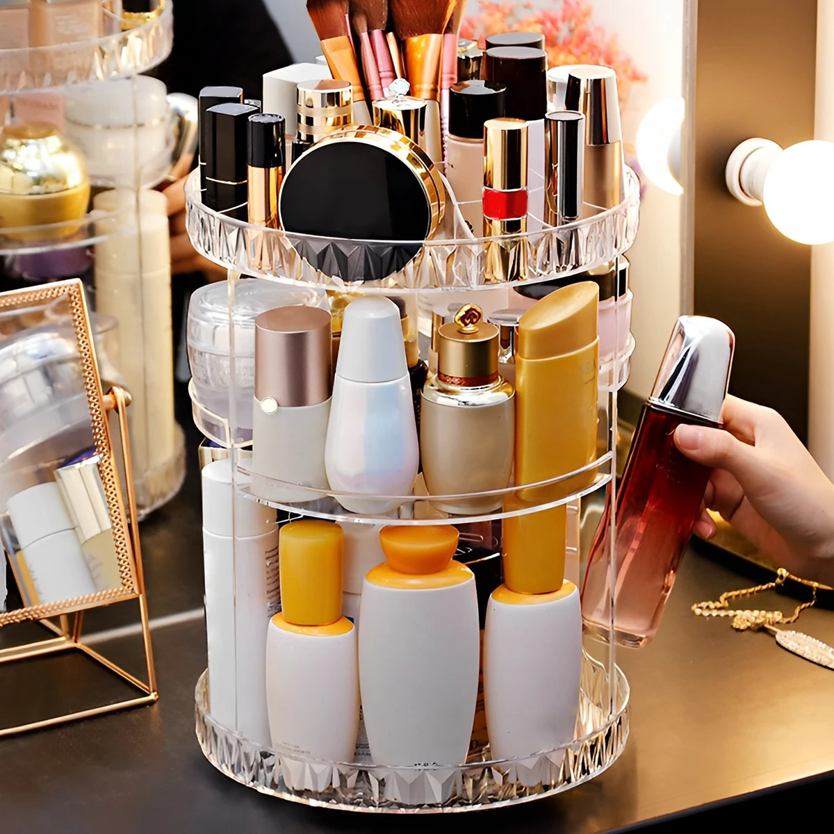 3 Tiers Makeup Organizer 360 Rotating Storage makeup Display Case Large Capacity Cosmetic Storage Display Box Clear for Bathroom 5