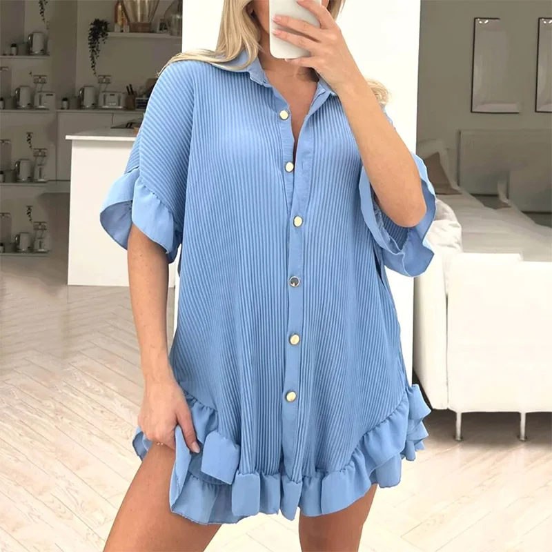 Elegant Women's Suits with Shorts Edible Tree Fungus Short Sleeve Turn Down Collar Summer Clothing Set 2 Piece Female Clothes