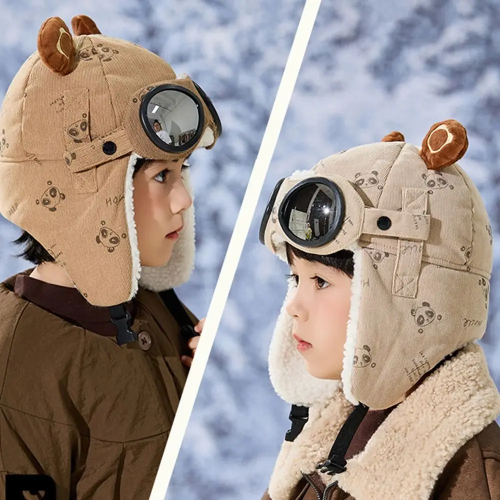 Winter Kids Pilot Hat with Ear Protection and Glasses