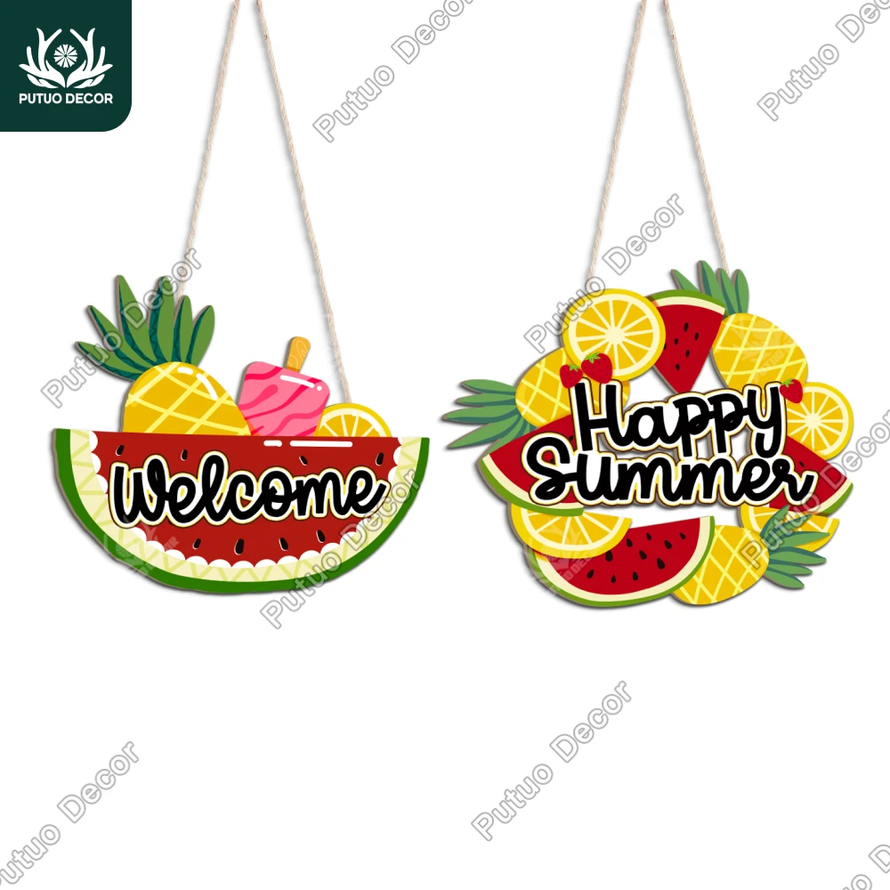 

Putuo Decoration 2pc Watermelon pineapple lemon wood hanging plaque decoration, welcome happy summer, family coffee shop, gifts