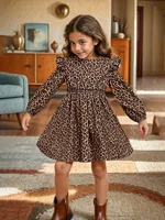 Robe décontractée pour filles avec imprimé léopard, manches longues, col goutte d'eau, petites manches bouffantes, plis à volants, tendance et simple, convient aux enfants de 3 à 10 ans, vêtements polyvalents pour diverses occasions estivales 4