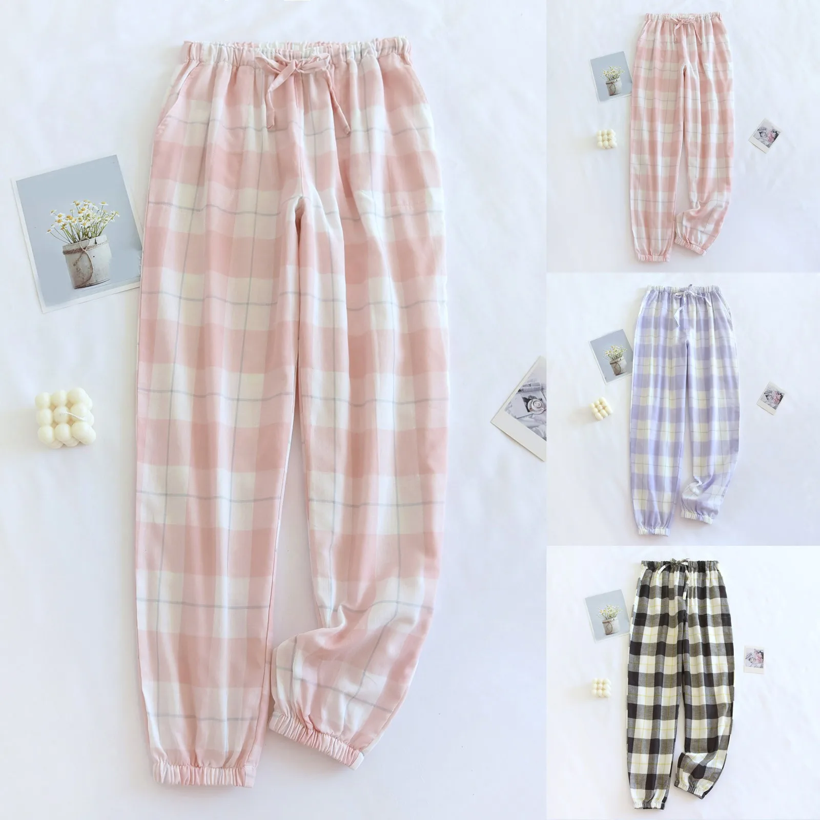 

Spring Summer Plaid Print Women Casual Pants Slim Pajama Long Trousers Fashion Lounge Bottoms Lady Clothing Plus Size Pantalones