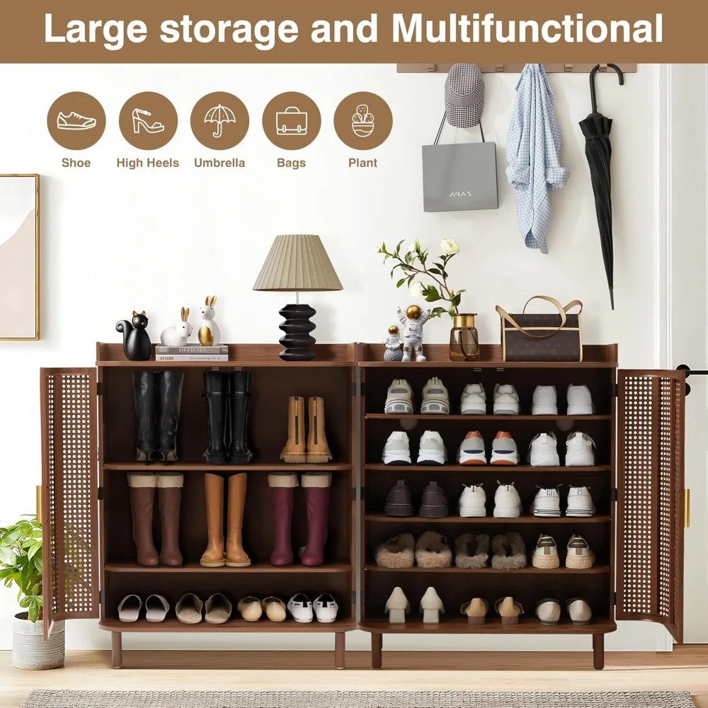 5 Tier Boho Wooden Shoe Cabinet - Adjustable Shelves & Curved Iron Rattan Door Shoe Storage Organizer 4