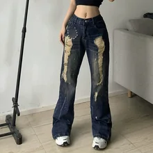 

WeiYao Holes Grunge Flared Jeans Woman Vintage Aesthetic Low Waist Y2K Cargo Pants 90s Streetwear Denim Trousers