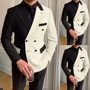Elegante nero bianco uomo vestito Slim Fit Peak risvolto doppio petto 2 pezzi formale sposo smoking da sposa Blazer + pantaloni Costume Homme