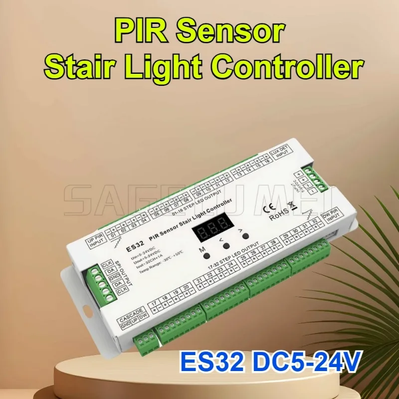 PIR Sensor Stair Light Controller ES32 32CH PIR Human Body Infrared Sensor Switch Output Connected to Low Voltage LED Light Belt