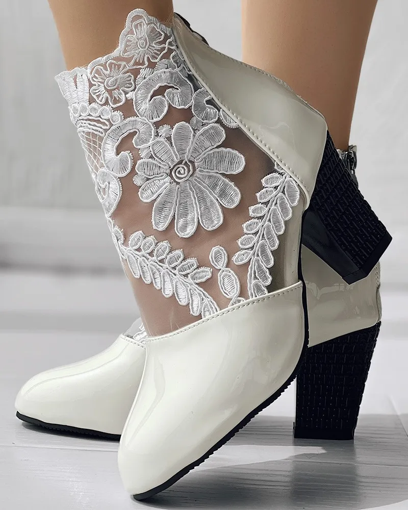 Boots Women's Sandals High Heel Lace Floral Embroidery Patch Chunky Heel Ankle Boot