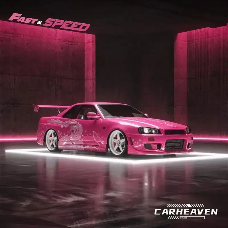 

Fast Speed FS 1:64 Skyline GT-R R34 High Wing Car Heaven Fast&Furious Suki Pink Die-Cast Car Model Collection Miniature