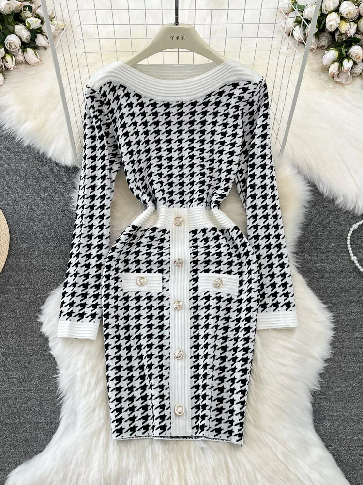 

Women Autumn Vestidos Korean Version Long Sleeved Round Neck Waist Wrap Buttocks Thousand Bird Check Knitted Dress D5144